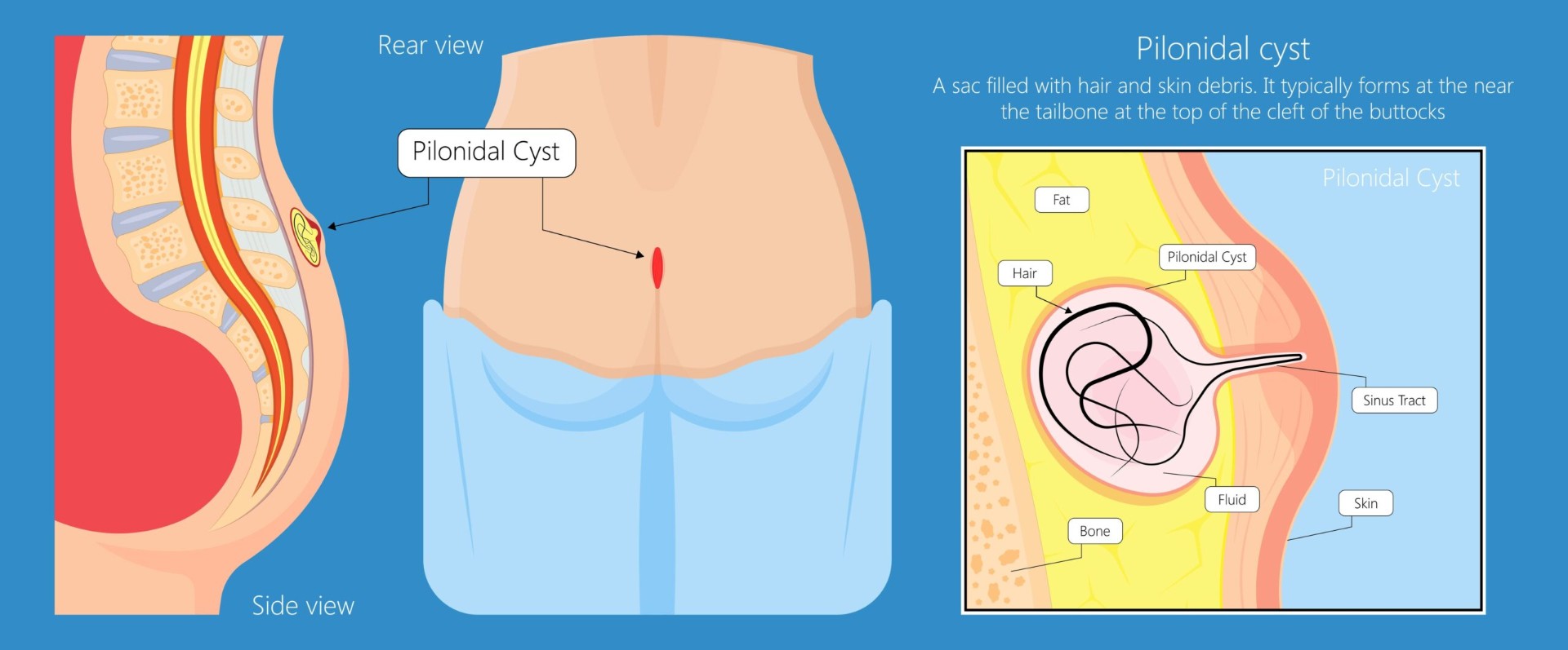 Ilustrație medicală a chistului pilonidal — vedere laterală și posterioară